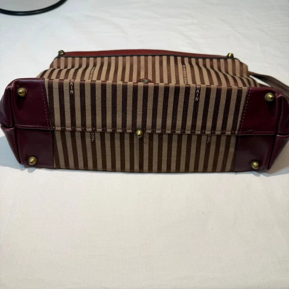 Vintage John Romain Striped Crossbody Bag Brown Burgundy Leather Trim Lion Crest